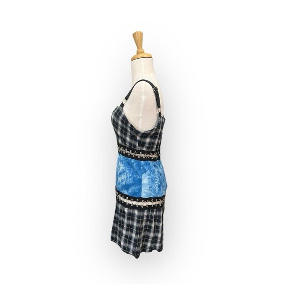 Current Mood Dolls Kill Plaid Patchwork Mini Dress Size M Medium Blue - Picture 2 of 8